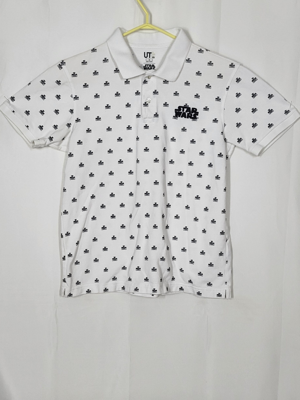 Uniqlo White Polo with Black Star Wars Logo Print - Men's Collared Shirt